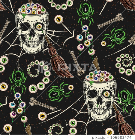 Seamless pattern with brooms, grunge silhouette of spider, spider web, bones, fractal spirals of eyeballs, skull without top full of colorful eyes. Freaky, creepy illustration for Halloween holiday 106983474