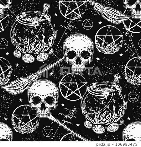 Seamless pattern with witch cauldron with bubbling potion, half skull, brooms, burning pentagram sign, wiccan signs, blades of grass, stars. Freaky, creepy illustration for Halloween holiday 106983475