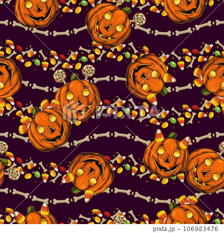 Seamless wavy striped halloween pattern with pumkin heads like happy kids, traditional sweets, candy on dark background. Vintage illustration. Good for package, wrapping paper, holiday decoration. 106983476
