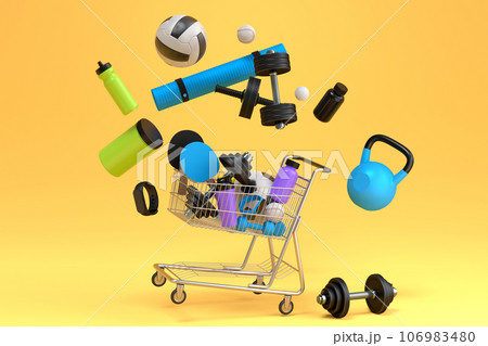Sport equipment for fitness, gym, crossfit in shopping cart on yellow 106983480