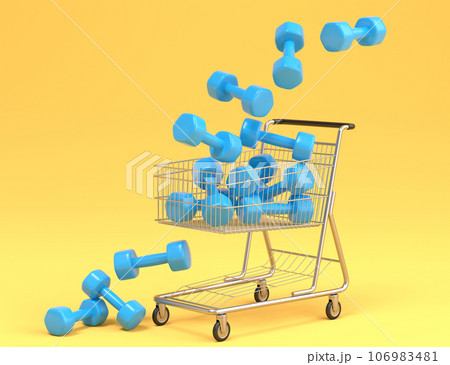 Sport equipment like dumbbell for fitness or crossfit in shopping cart on yellow 106983481