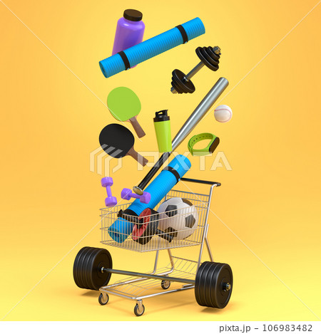 Sport equipment for fitness, gym, crossfit in shopping cart on yellow 106983482