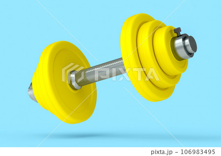 Metal dumbbell with yellow disks isolated on blue background Metal dumbbell with yellow disks isolated on blue background 106983495