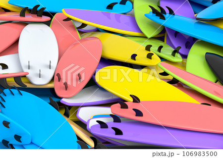 Pile of surfboard for summer surfing isolated on multicolor background. 106983500