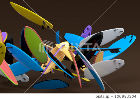 Many of flying surfboard for summer surfing isolated on black background. Many of flying surfboard for summer surfing isolated on black background. 106983504