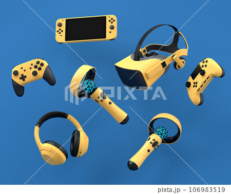 Top view gamer gears like joystick, microphone, headphones and VR glasses Top view gamer gears like joystick, microphone, headphones and VR glasses 106983519