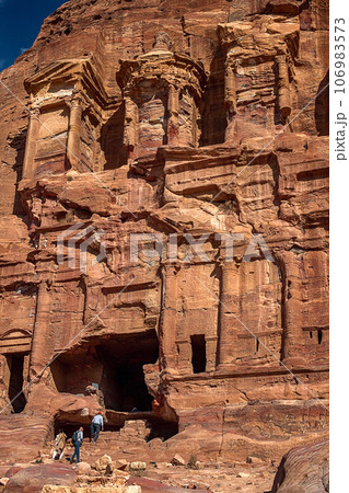 View of the temple and building carved into the sandstone rock. Petra, Jordan. View of the temple and building carved into the sandstone rock. Petra, Jordan. 106983573