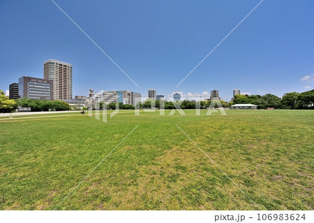 青空と福岡城の風景　石垣と櫓 106983624