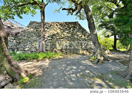 青空と福岡城の風景　石垣と櫓 106983646