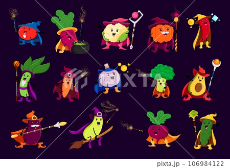Cartoon halloween vegetable wizard, witch and mage characters. Vector tomato, radish, cauliflower and pumpkin. Red chili pepper, spinach, carrot and garlic with broccoli or avocado, squash and beet 106984122