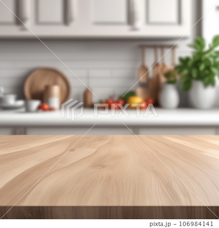 Wood table top on blur kitchen room background Wood table top on blur kitchen room background 106984141