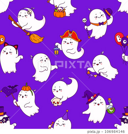 Cartoon Halloween kawaii cute ghosts seamless pattern. Vector wallpaper or tile background with adorable baby spooks wear witch hat, holding broomstick and pumpkin, lantern or garland holiday decor 106984146