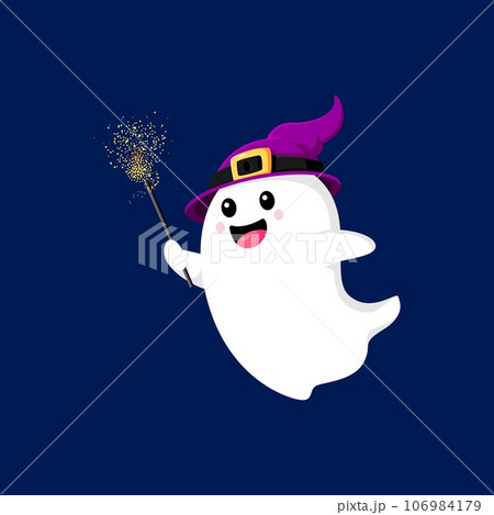 Cartoon Halloween kawaii ghost character donning a charming witch hat and casting spell with the wand. Adorable vector spirit wizard personage exuding delightful mix of magic, spookiness and cuteness Cartoon Halloween kawaii ghost character donning a charming witch hat and casting spell with the wand. Adorable vector spirit wizard personage exuding delightful mix of magic, spookiness and cuteness 106984179