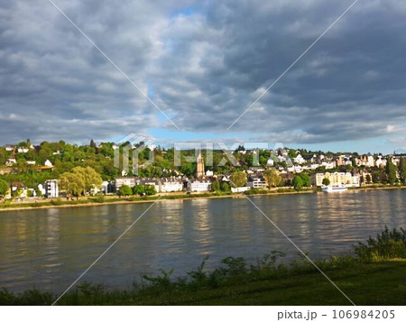 A small German town on the river bank. Blurred focus as background. A small German town on the river bank. Blurred focus as background. 106984205