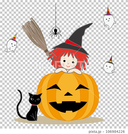 ハロウィーン素材 魔女とかぼちゃと黒い猫のイラスト素材 [106984226] - PIXTA