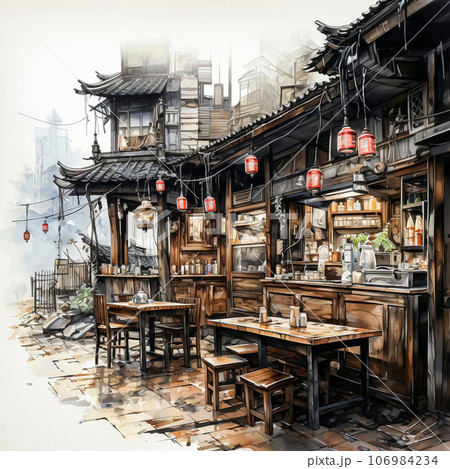 Aquatic painting showing a Chinese alley, teeming with architecture and human activity 106984234