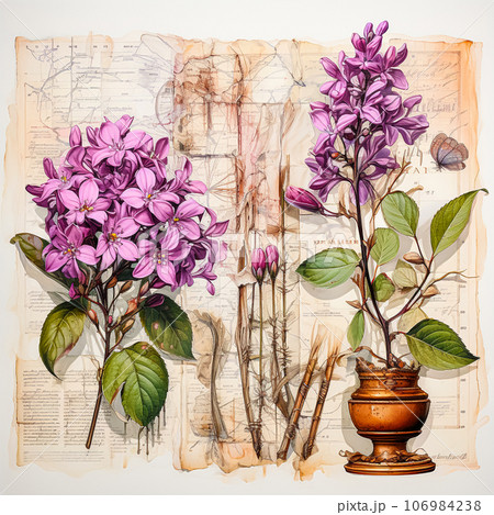 Lavender branches in medicinal jars illustration with a textured backdrop 106984238