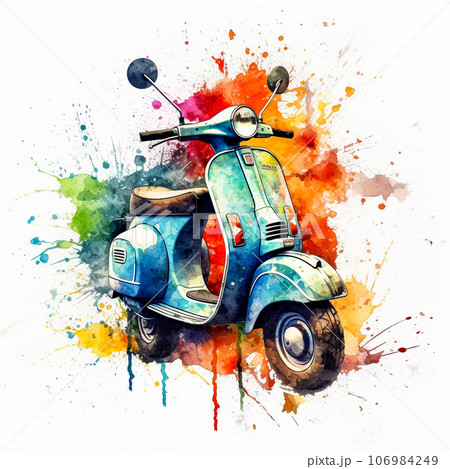 Vivid Watercolor Scooter Whimsical splashes on a diverse backdrop 106984249