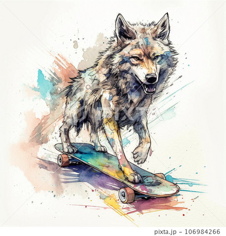 An artistic portrayal of a wolf on a skateboard, with lively paint splashes 106984266