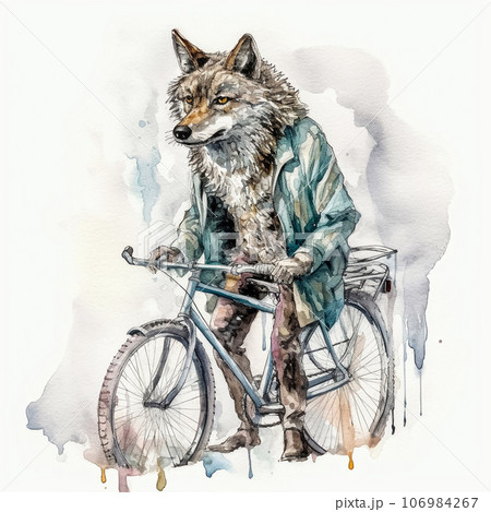 Tired wolf in green jacket riding bicycle watercolor 106984267