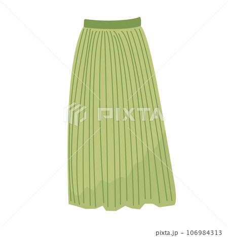 Part of basic wardrobe. Green pleated skirt. Clothing store, fashion. Flat style design, isolated vector. Fall print element, cozy clothes, seasonal warm. Part of basic wardrobe. Green pleated skirt. Clothing store, fashion. Flat style design, isolated vector. Fall print element, cozy clothes, seasonal warm. 106984313