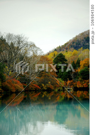 日本の美しい紅葉の風景 絵画の様な日光湯ノ湖の風景の写真素材 