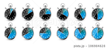Realistic classic stopwatch. Shiny metal chronometer, time counter with dial. Blue countdown timer showing minutes and seconds. Time measurement for sport, start and finish. Vector illustration 106984828
