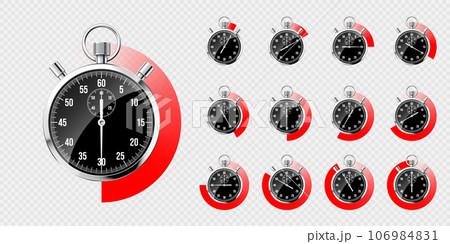 Realistic classic stopwatch. Shiny metal chronometer, black time counter with dial. Red countdown timer showing minutes and seconds. Time measurement for sport, start and finish. Vector illustration 106984831