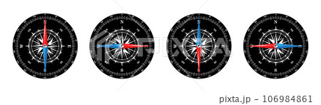 Marine compass, nautical wind rose with cardinal directions of North, East, South, West and degree markings. Geographical position and orientation, cartography and navigation. Vector illustration 106984861