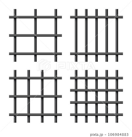 Realistic shiny metal prison bars isolated on white background. Detailed jail cage, prison iron fence. Criminal background mockup. Vector illustration 106984883