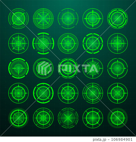 Crosshair, gun sight vector icons. Bullseye, black target or aim symbol. Military rifle scope, shooting mark sign. Targeting, aiming for a shot. Archery, hunting and sports shooting. Game UI element. 106984901