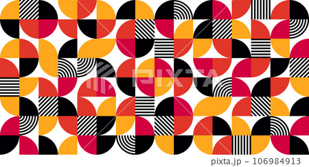 Geometric trendy pattern, Bauhaus style. Modern colorful background with simple elements. Retro texture with basic geometric shapes. Print design, minimalist poster cover. Vector illustration Geometric trendy pattern, Bauhaus style. Modern colorful background with simple elements. Retro texture with basic geometric shapes. Print design, minimalist poster cover. Vector illustration 106984913