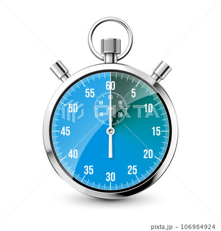 Realistic classic stopwatch. Shiny metal chronometer, time counter with dial. Blue countdown timer showing minutes and seconds. Time measurement for sport, start and finish. Vector illustration Realistic classic stopwatch. Shiny metal chronometer, time counter with dial. Blue countdown timer showing minutes and seconds. Time measurement for sport, start and finish. Vector illustration 106984924