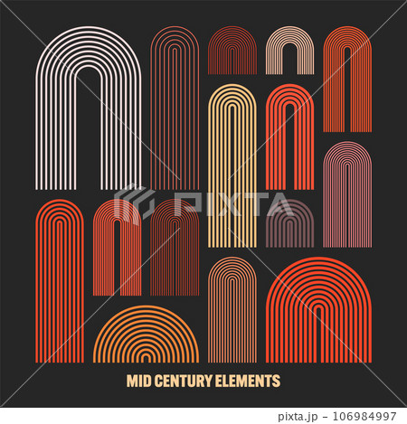 Mid century arch elements, modern geometric shapes. Contemporary design, minimalist art. Trendy design elements for wall decor, posters, books, covers and flyers. Vector illustration Mid century arch elements, modern geometric shapes. Contemporary design, minimalist art. Trendy design elements for wall decor, posters, books, covers and flyers. Vector illustration 106984997