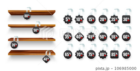 Store shelves with supermarket promotional wobblers. Wooden product shelf and advertising wobbler with percent discount. Grocery wall rack. Sale label, special offer price tag. Vector illustration Store shelves with supermarket promotional wobblers. Wooden product shelf and advertising wobbler with percent discount. Grocery wall rack. Sale label, special offer price tag. Vector illustration 106985000