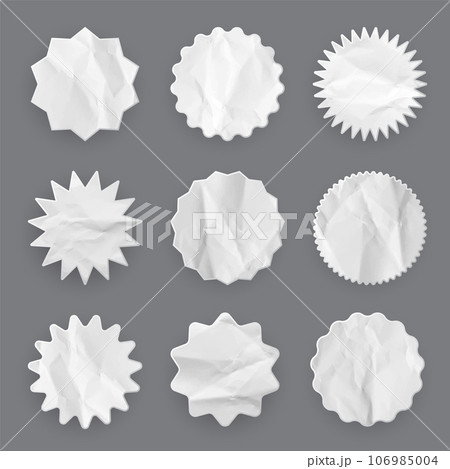 Crumpled paper shopping labels. Sale or discount sticker with cardboard texture. Special offer price tag. Supermarket promotional badge. Sunburst icon. Vector illustration Crumpled paper shopping labels. Sale or discount sticker with cardboard texture. Special offer price tag. Supermarket promotional badge. Sunburst icon. Vector illustration 106985004