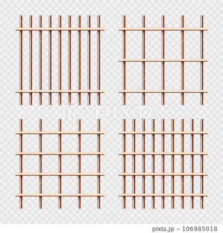 Various shiny metal prison bars collection. Realistic detailed jail cage, prison iron fence. Criminal background mockup. Vector illustration 106985018