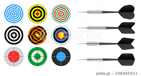 Paper targets with dart arrows. Shooting range round target, divisions, marks and numbers. Gun shooting practise and training, sport competition, hunting. Bullseye and aim. Vector illustration Paper targets with dart arrows. Shooting range round target, divisions, marks and numbers. Gun shooting practise and training, sport competition, hunting. Bullseye and aim. Vector illustration 106985031