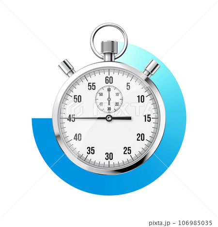 Realistic classic stopwatch. Shiny metal chronometer, time counter with dial. Blue countdown timer showing minutes and seconds. Time measurement for sport, start and finish. Vector illustration 106985035
