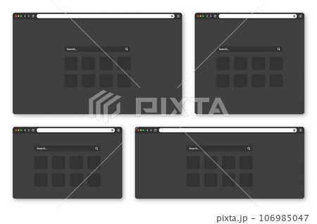 Blank web browser window with toolbar and search field. Modern website, internet page in flat style. Browser mockup for computer, tablet and smartphone. Adaptive UI, dark mode. Vector illustration 106985047
