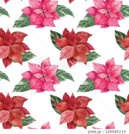 Watercolor seamless pattern of poinsettia flowers in red and pink with green vibrant leaves. Isolated clipart for Christmas design, prints, packaging, textiles. Festive flower for compositions Watercolor seamless pattern of poinsettia flowers in red and pink with green vibrant leaves. Isolated clipart for Christmas design, prints, packaging, textiles. Festive flower for compositions 106985219