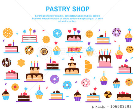 Pastry shop background with copy space for text. Colorful baked healthy dessert design. Food elements donut cake cupcake for cafe breakfast menu. Horizontal internet web page flat vector illustration. Pastry shop background with copy space for text. Colorful baked healthy dessert design. Food elements donut cake cupcake for cafe breakfast menu. Horizontal internet web page flat vector illustration. 106985292