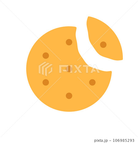 Circle cheese cracker with missing bite isolated on white background. Salted crunchy meal sign flat design. Bitten yellow baked dessert symbol. Healthy breakfast broken cookie vector illustration. 106985293