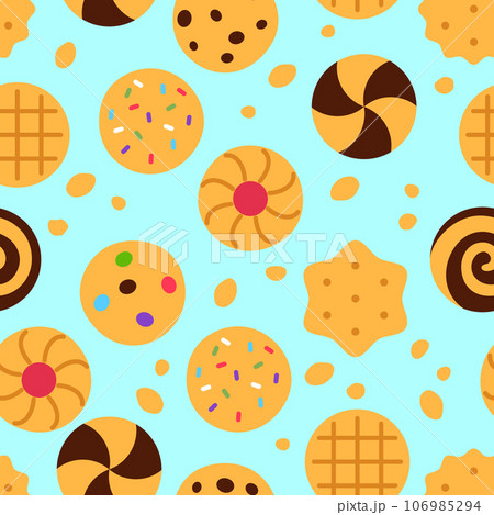 Cookies seamless pattern on blue background. Snack food repeat tile design. Tasty baked assorted biscuits with crumb wallpaper. Traditional crispy treat. Wrapping paper creative vector illustration. Cookies seamless pattern on blue background. Snack food repeat tile design. Tasty baked assorted biscuits with crumb wallpaper. Traditional crispy treat. Wrapping paper creative vector illustration. 106985294