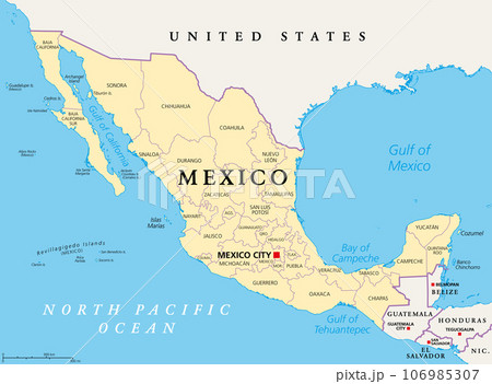States of Mexico, political map. The United Mexican States, a country in the southern portion of North America. Federal republic composed of autonomous entities, of 31 states with capital Mexico City. 106985307