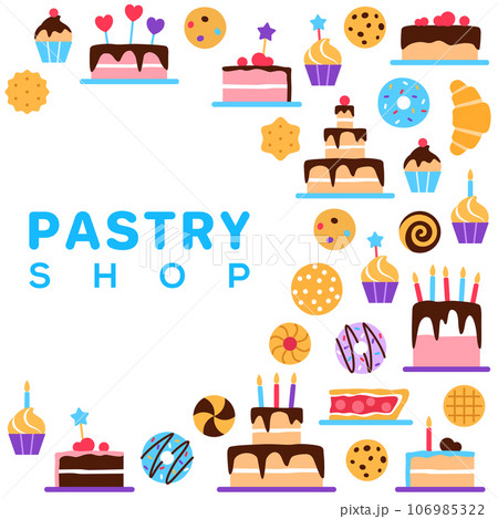 Pastry shop square frame with circle copy space on white background. Colorful baked yummy food concept design. Dessert elements cake muffin for cafe confectionery sweet shop flat illustration. 106985322