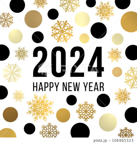 Happy New Year 2024 greeting card design. Holiday banner with black and gold glowing light shining circles snowflakes. Christmas decoration with celebrating text. Bright golden illustration. 106985323