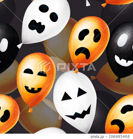 Watercolor Halloween seamless pattern with balloons illustration with scary faces. Hand painting orange, black, white balloon sketch isolated on white background. For designers, decoration, shop, for Watercolor Halloween seamless pattern with balloons illustration with scary faces. Hand painting orange, black, white balloon sketch isolated on white background. For designers, decoration, shop, for 106985408
