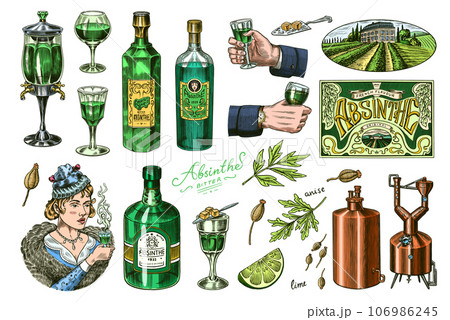 Bottle of Absinthe Glass shot. Woman holding a toast drink. Pot Swan necked copper stills distillery Bottle of Absinthe Glass shot. Woman holding a toast drink. Pot Swan necked copper stills distillery 106986245