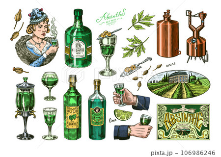 Bottle of Absinthe Glass shot. Woman holding a toast drink. Pot Swan necked copper stills distillery 106986246